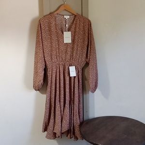 BOHME  BROWN FLORAL OVERSIZED BALLOON SLEEVED BOTTOM RUFFLED DRESS SZ M NWT